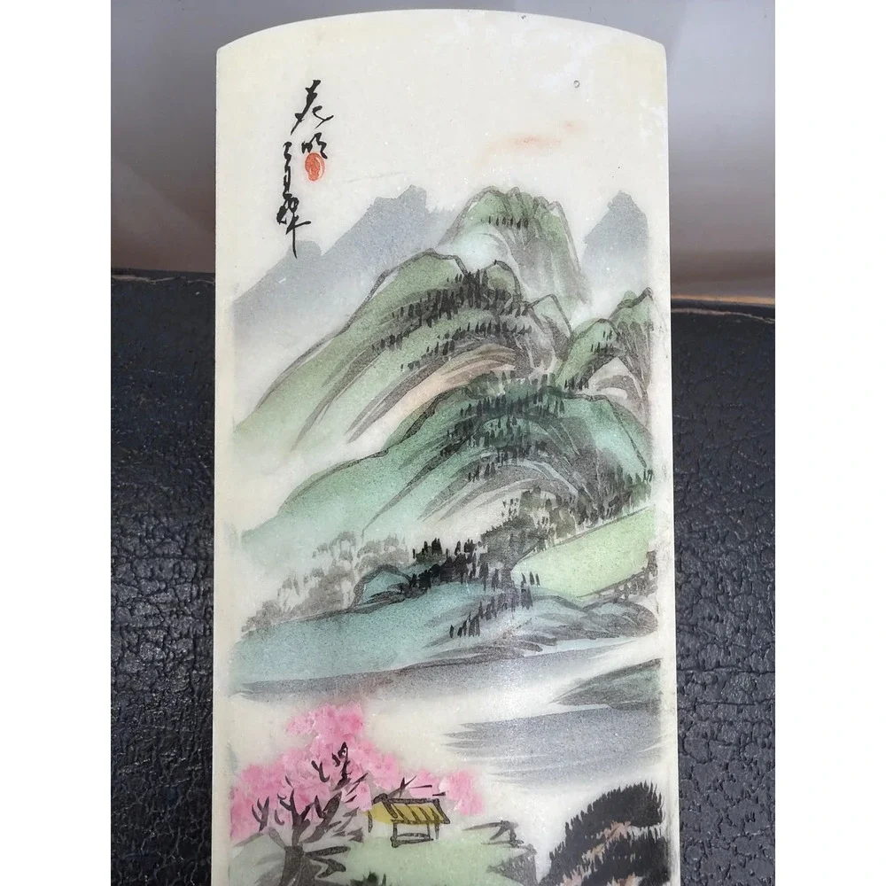Chinese Hand Painted Marble Landscape Slab Mountain Cherry‎ Blossom Decor 6.5in